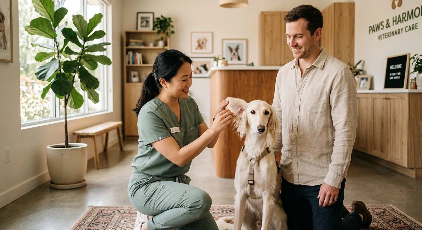 A smiling veterinarian in sage scrubs gently examines a cream Saluki dog's ears in a sunlit, welcoming clinic.