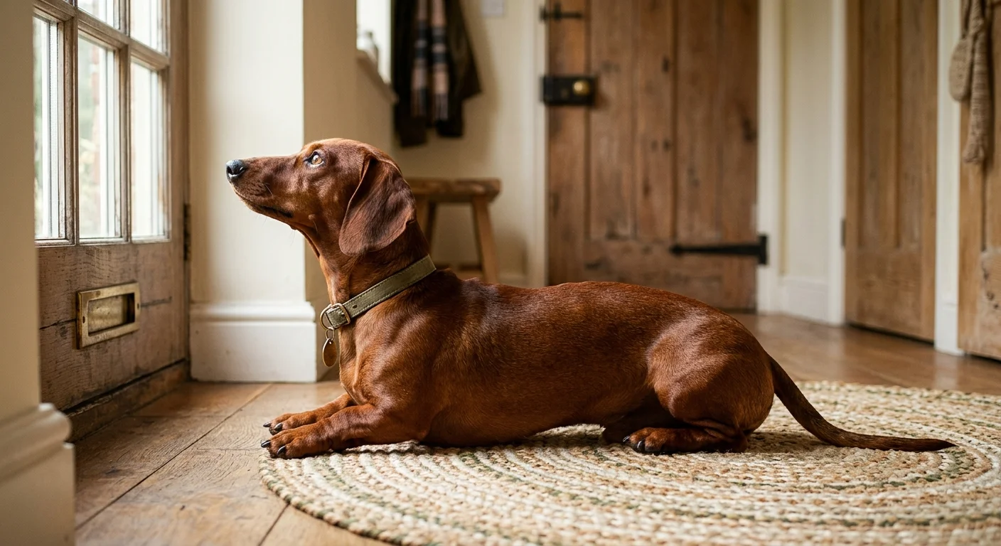 A smooth-coated brown dachshund lies alert on a woven rug by a wooden front door, looking up toward the window.