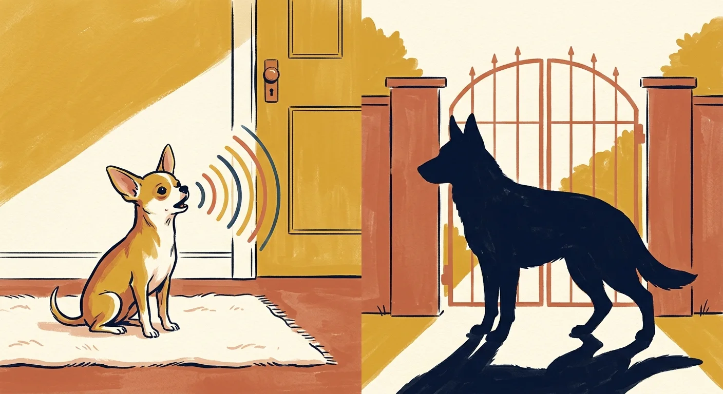 A split-panel illustration contrasting a small Chihuahua sounding an alarm with a large German Shepherd standing guard.