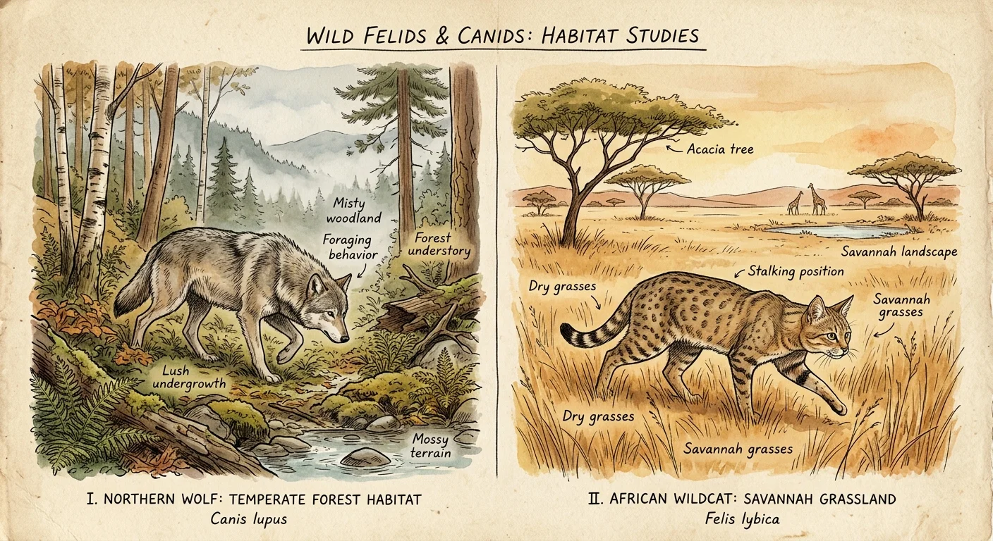 A split watercolor illustration showing a wild wolf in a misty forest and a wild cat in a dry savannah.