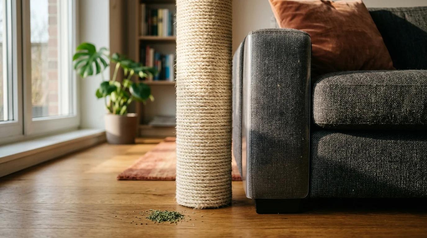 A sisal scratching post standing beside a grey sofa arm protected with a clear plastic scratch guard on a wood floor.