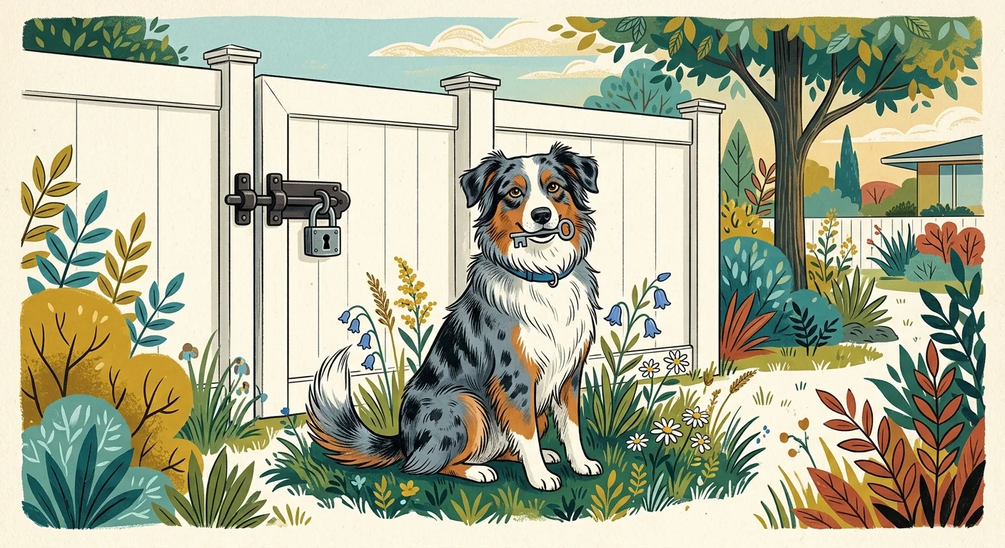 A stylized gouache illustration of a clever Australian Shepherd holding a key in its mouth in front of a locked gate.