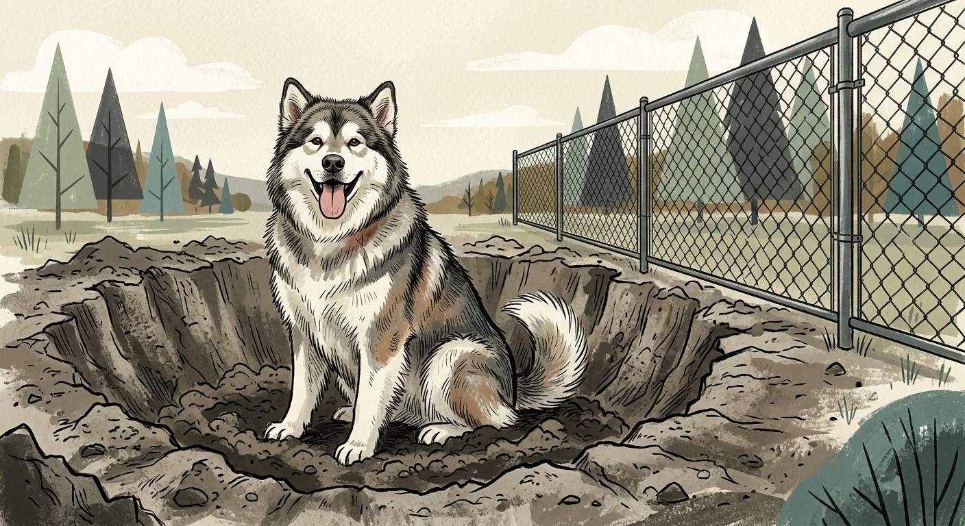 A stylized gouache illustration of a fluffy Alaskan Malamute sitting in a large dug hole next to a chain-link fence.