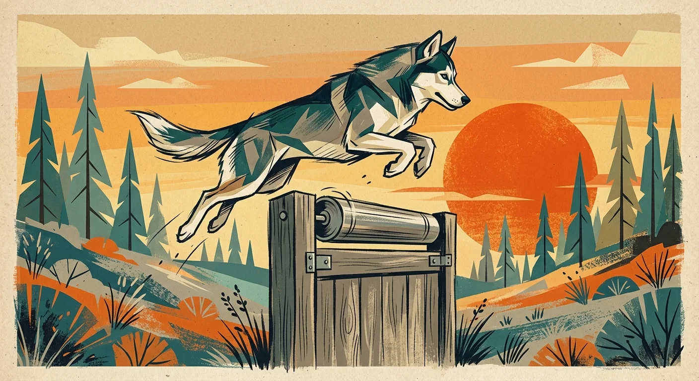 A stylized gouache illustration of a Siberian Husky leaping over a fence equipped with a spinning top roller.
