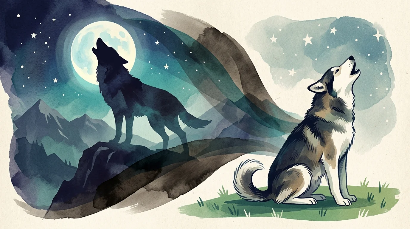 A stylized gouache illustration showing a modern husky howling, with its voice echoing into the silhouette of a wild wolf.