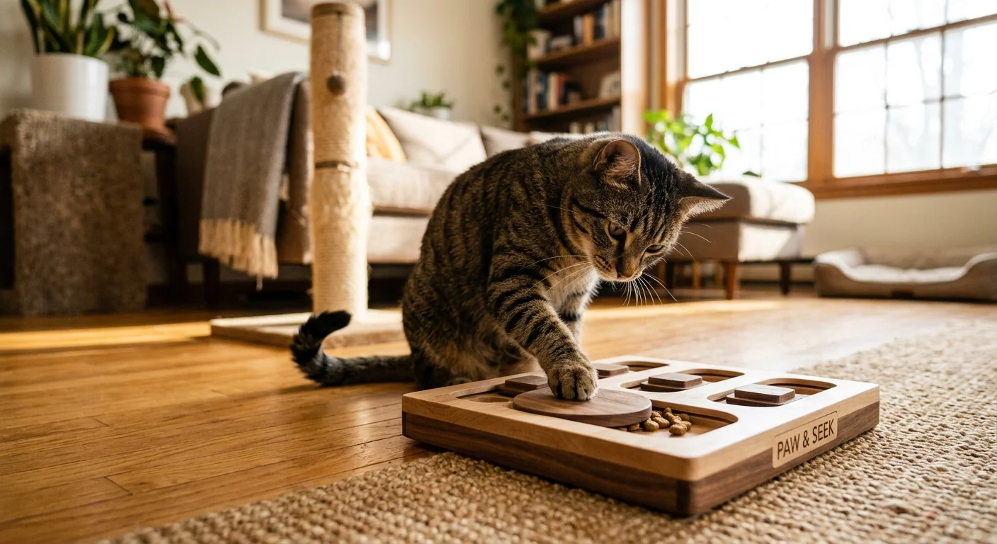 A tabby cat plays with an interactive wooden puzzle toy on a sunny living room floor to find hidden treats.