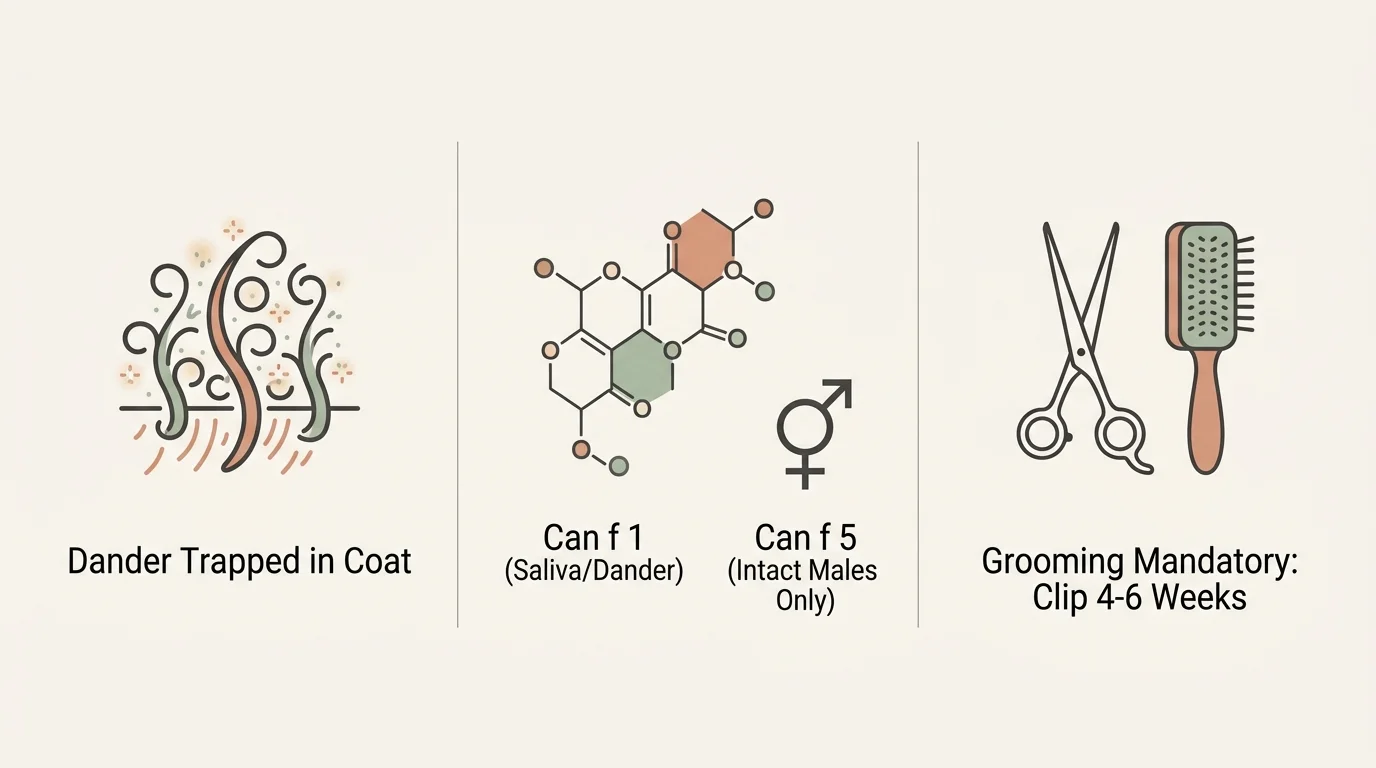 A three-panel infographic showing dander trapping, allergen molecules Can f 1 and Can f 5, and grooming tools.