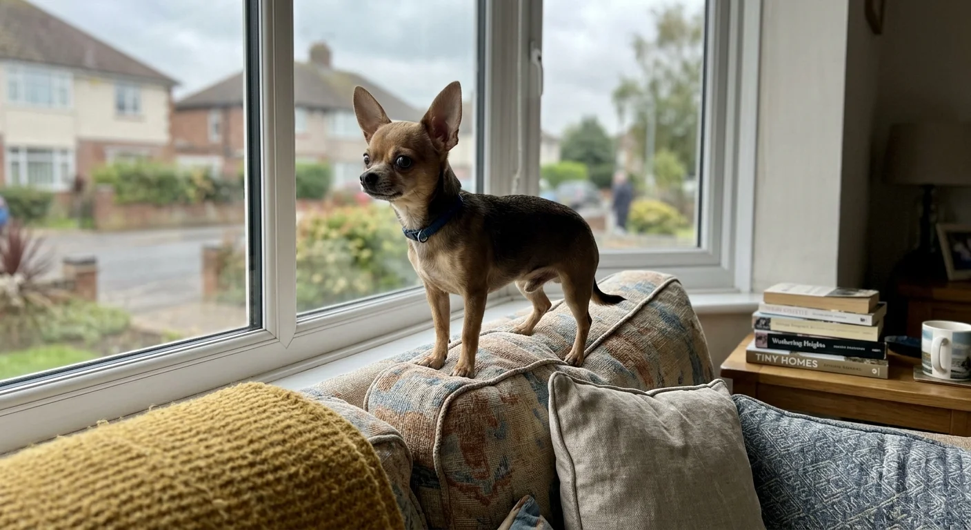 Small Chihuahua standing on the backrest of a sofa while looking out a large window.