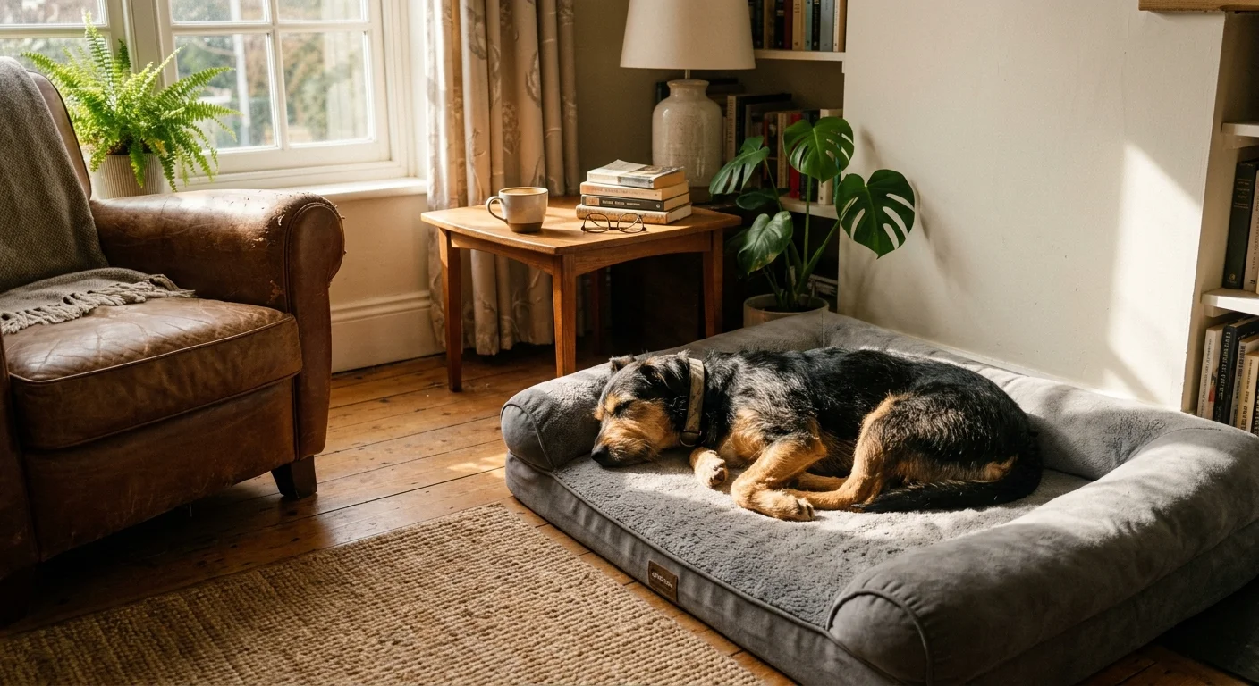 A tired, happy dog sleeps peacefully on a plush gray bed in a sun-dappled living room.