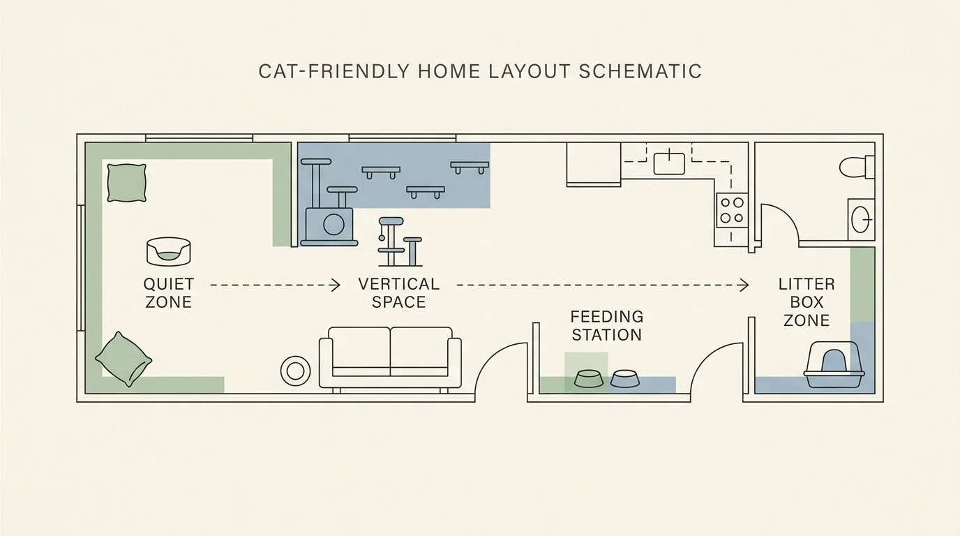 A top-down diagram blueprint of a cat-friendly room layout, showing optimal placement of beds, scratching posts, and food.