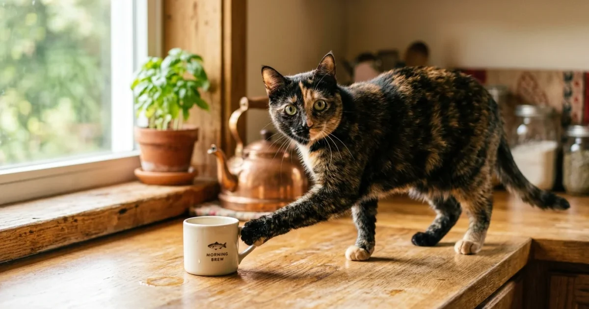 A tortoiseshell cat on a sunlit wooden kitchen counter gently nudges a ceramic mug with its paw while looking at the camera.