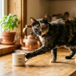 A tortoiseshell cat on a sunlit wooden kitchen counter gently nudges a ceramic mug with its paw while looking at the camera.