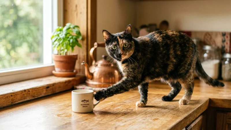 A tortoiseshell cat on a sunlit wooden kitchen counter gently nudges a ceramic mug with its paw while looking at the camera.