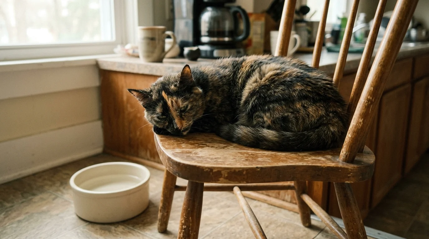 A tortoiseshell cat resting listlessly on a kitchen chair beside a ceramic water bowl.