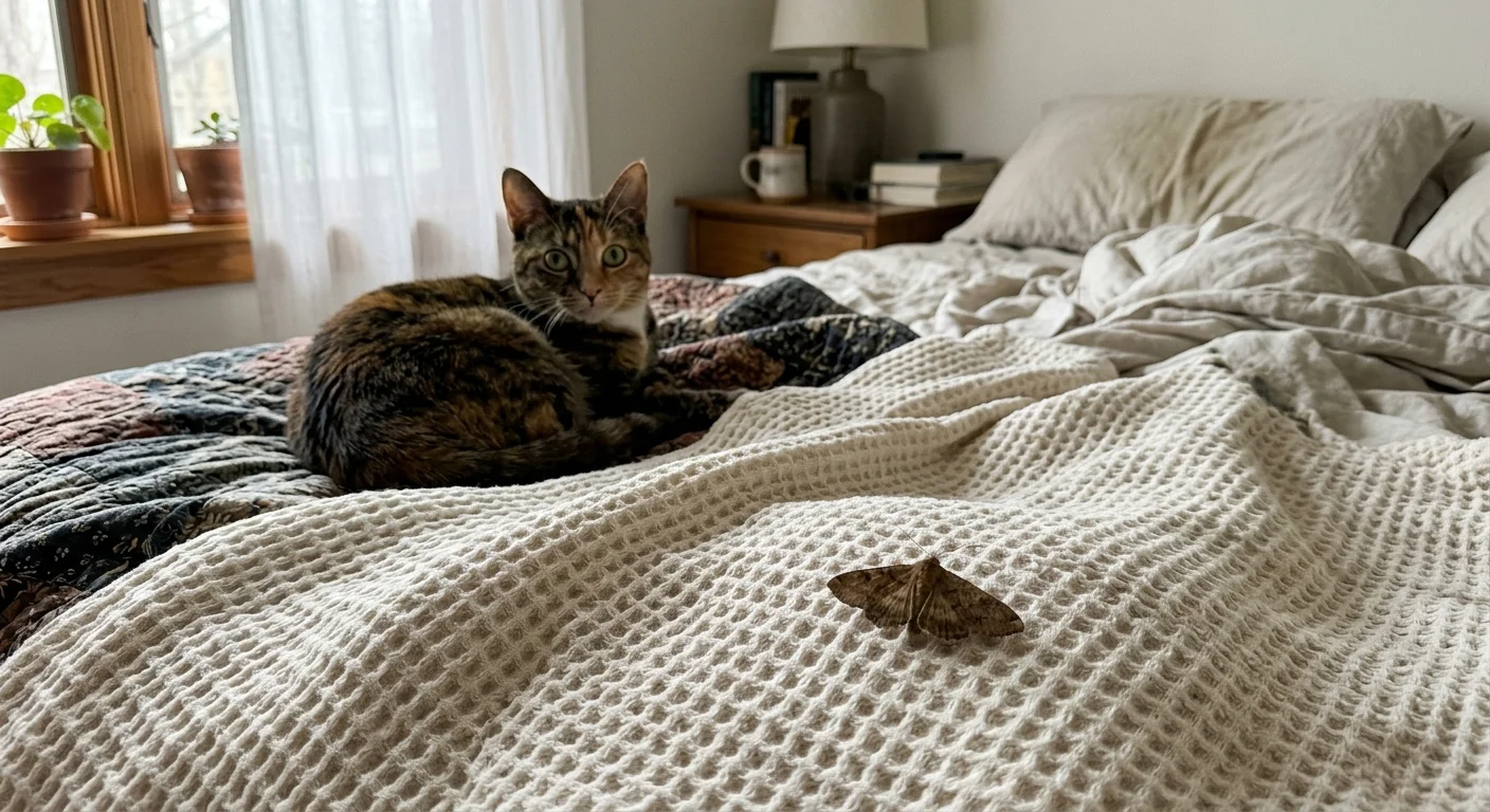 A tortoiseshell cat sits on an unmade bed next to a small moth it deposited on the textured blanket.