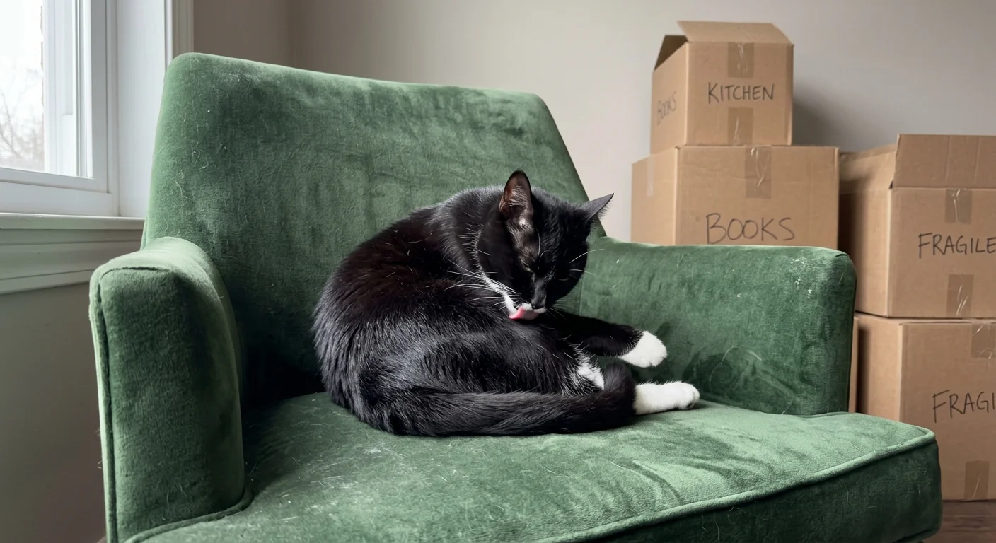 A tuxedo cat grooms itself on a green armchair with cardboard moving boxes stacked in the background, showing a change in environment.