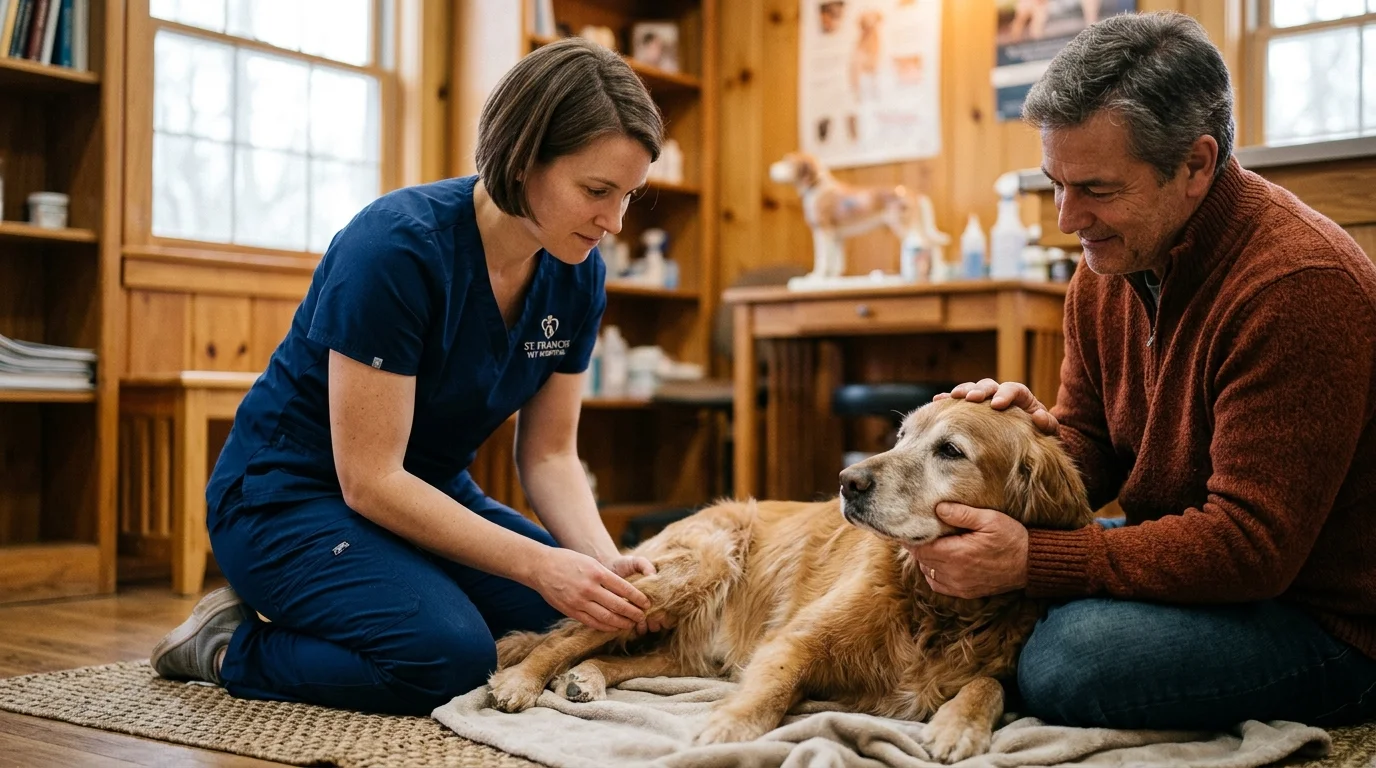A veterinarian gently examines an older dog's joint while the owner comforts the pet in a warm clinic.