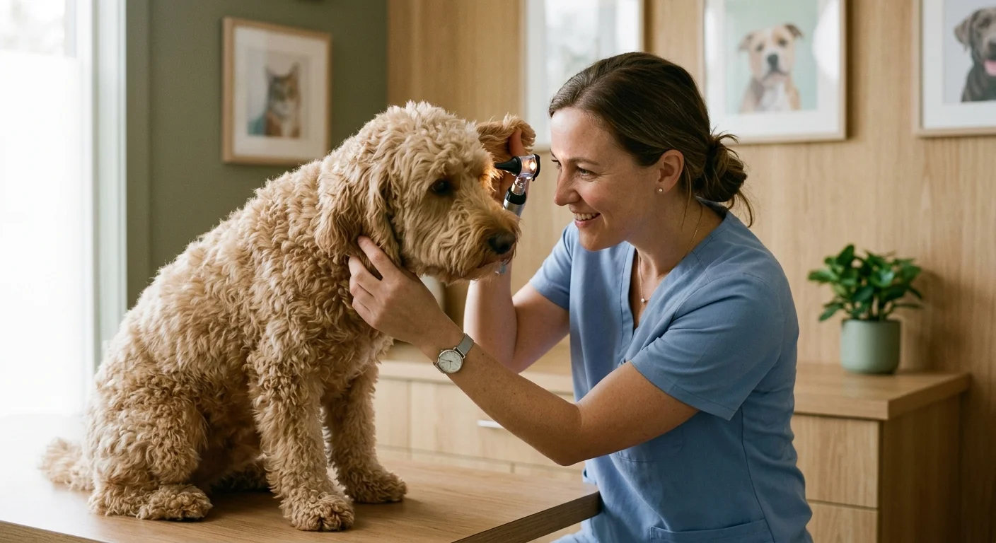 A veterinarian gently examining a calm dog's ear with an otoscope in a warm, modern clinic.
