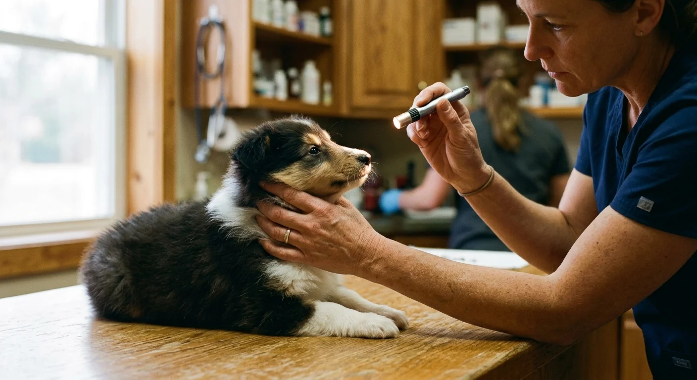 A veterinarian gently screening a young Rough Collie puppy's eyes in a warmly lit clinic.