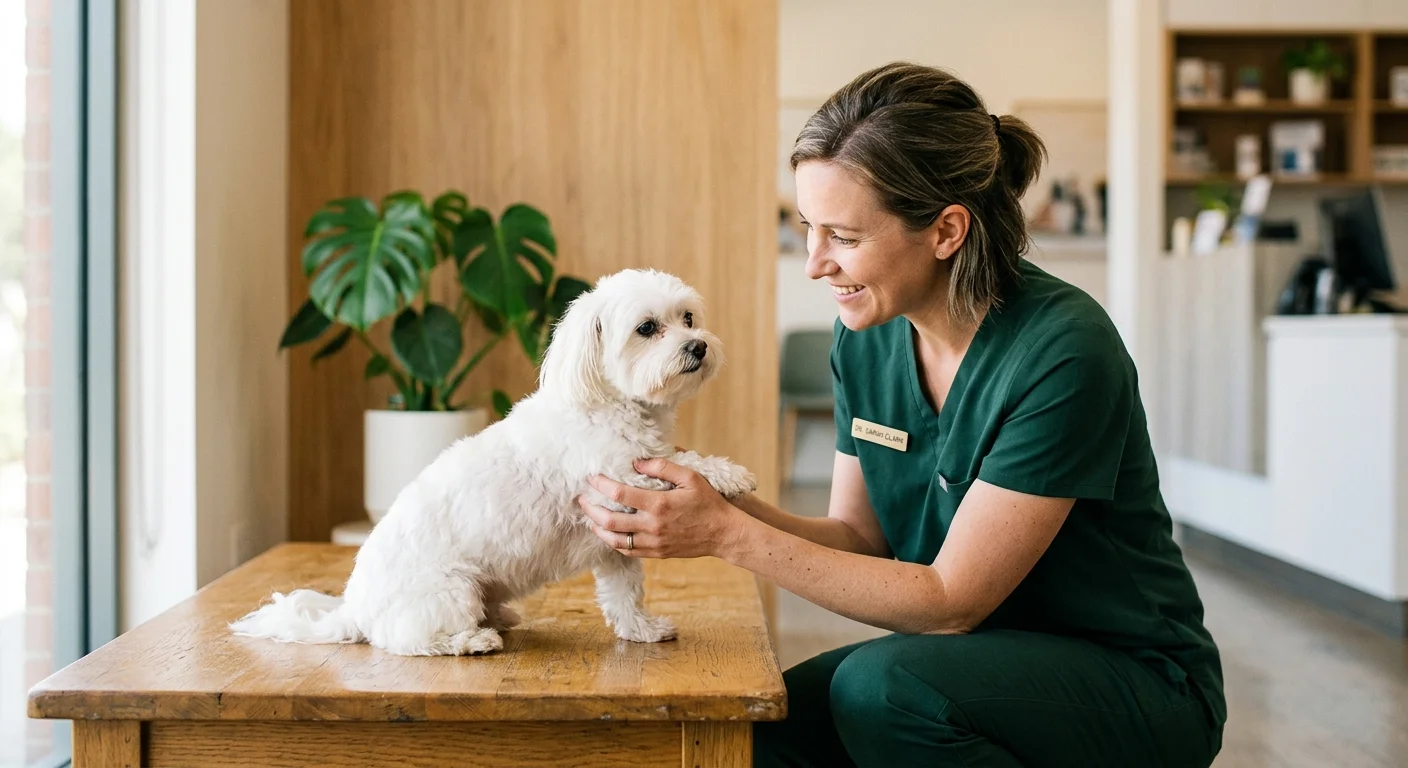 A veterinarian in green scrubs gently examining a small white Maltese dog on a warm wooden table in a bright clinic.