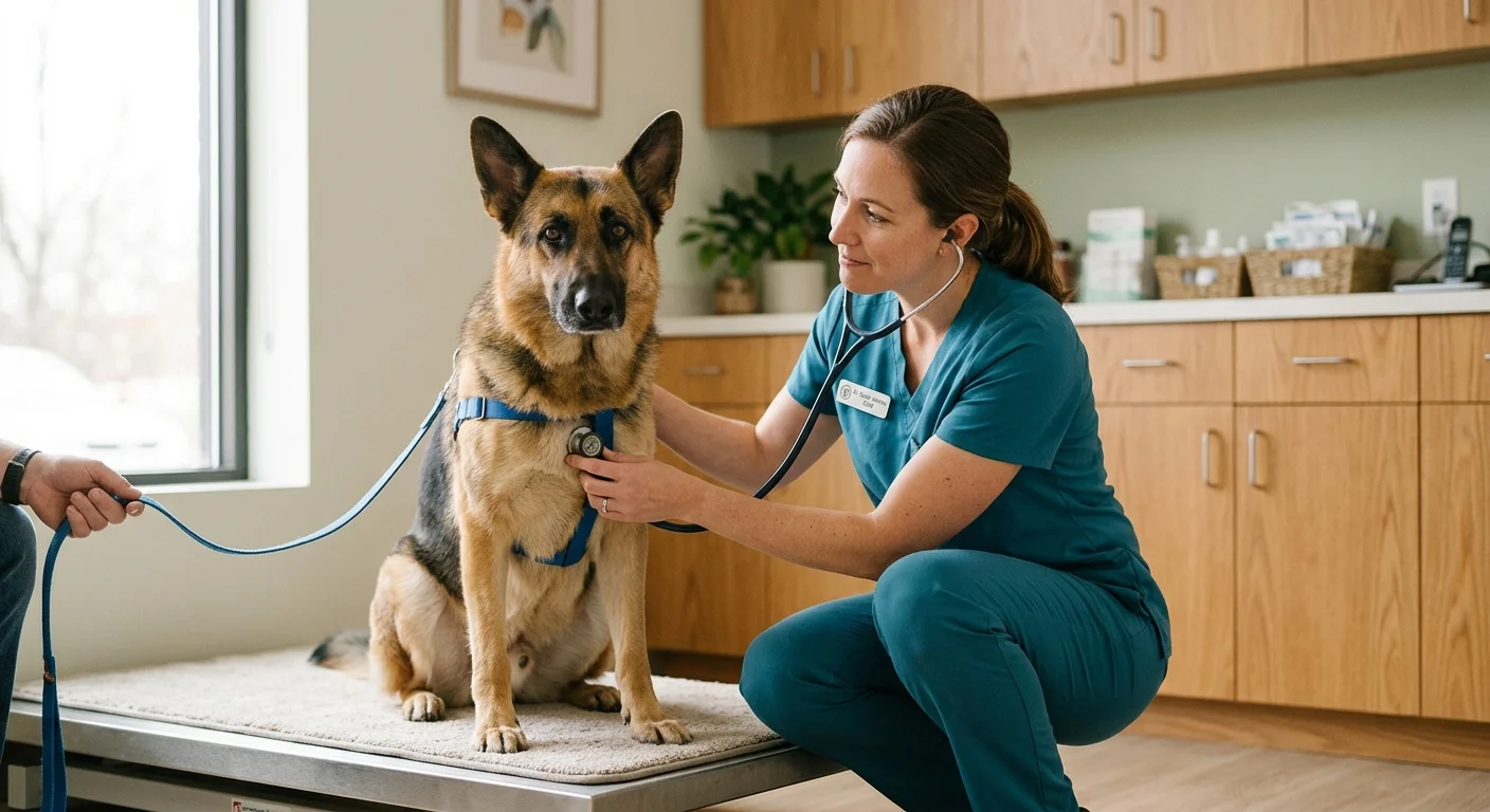 A veterinarian in teal scrubs gently examines a calm German Shepherd with a stethoscope in a warm clinic.