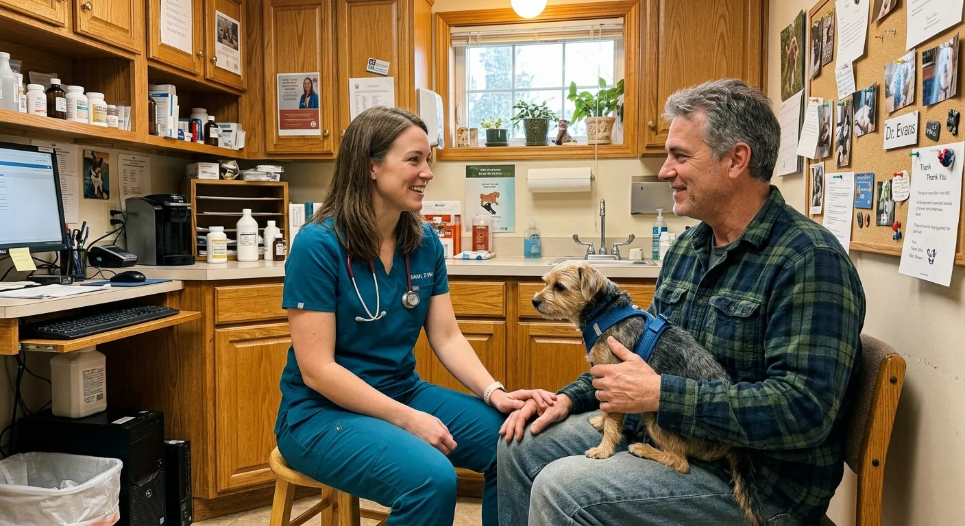 A veterinarian in teal scrubs talks warmly with a dog owner holding a terrier during an exam in a cozy clinic room.