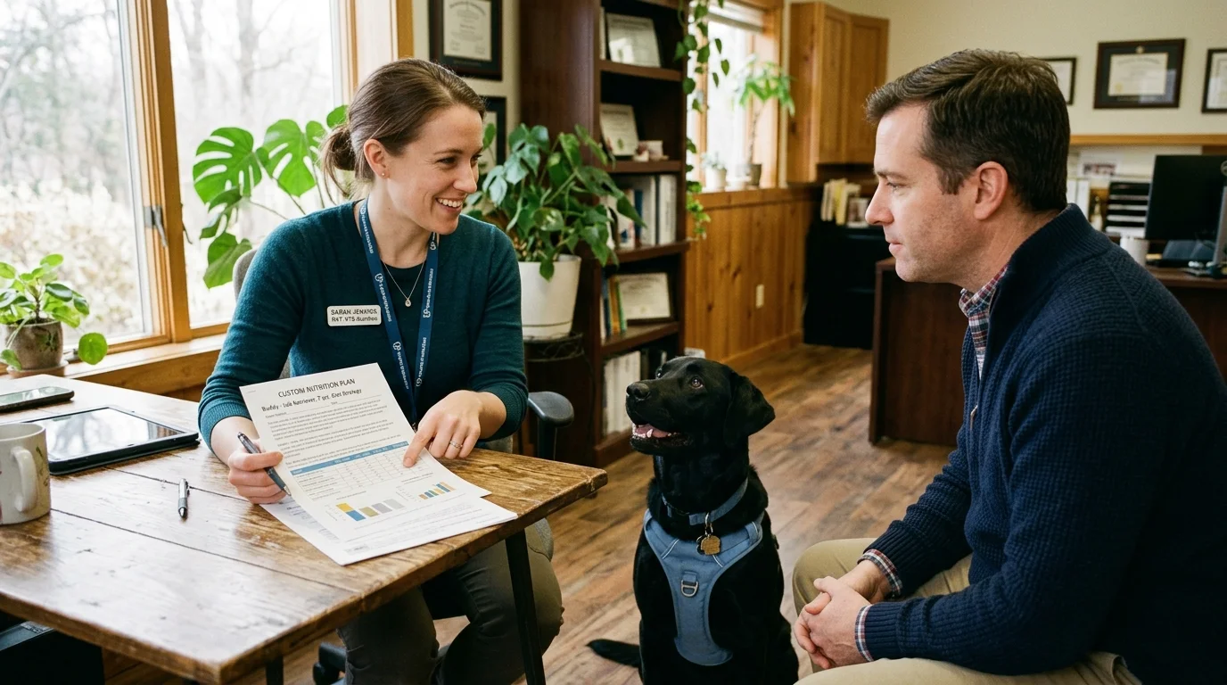 A veterinary nutritionist discusses a custom nutrition plan with a pet owner and their black labrador.