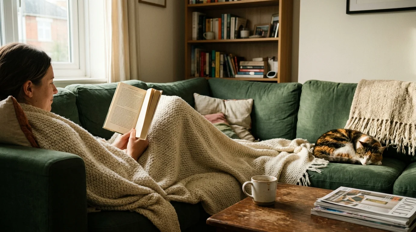 A warm candid photo of a person reading a book on one end of a green couch, while a calico cat sleeps peacefully on the other end.