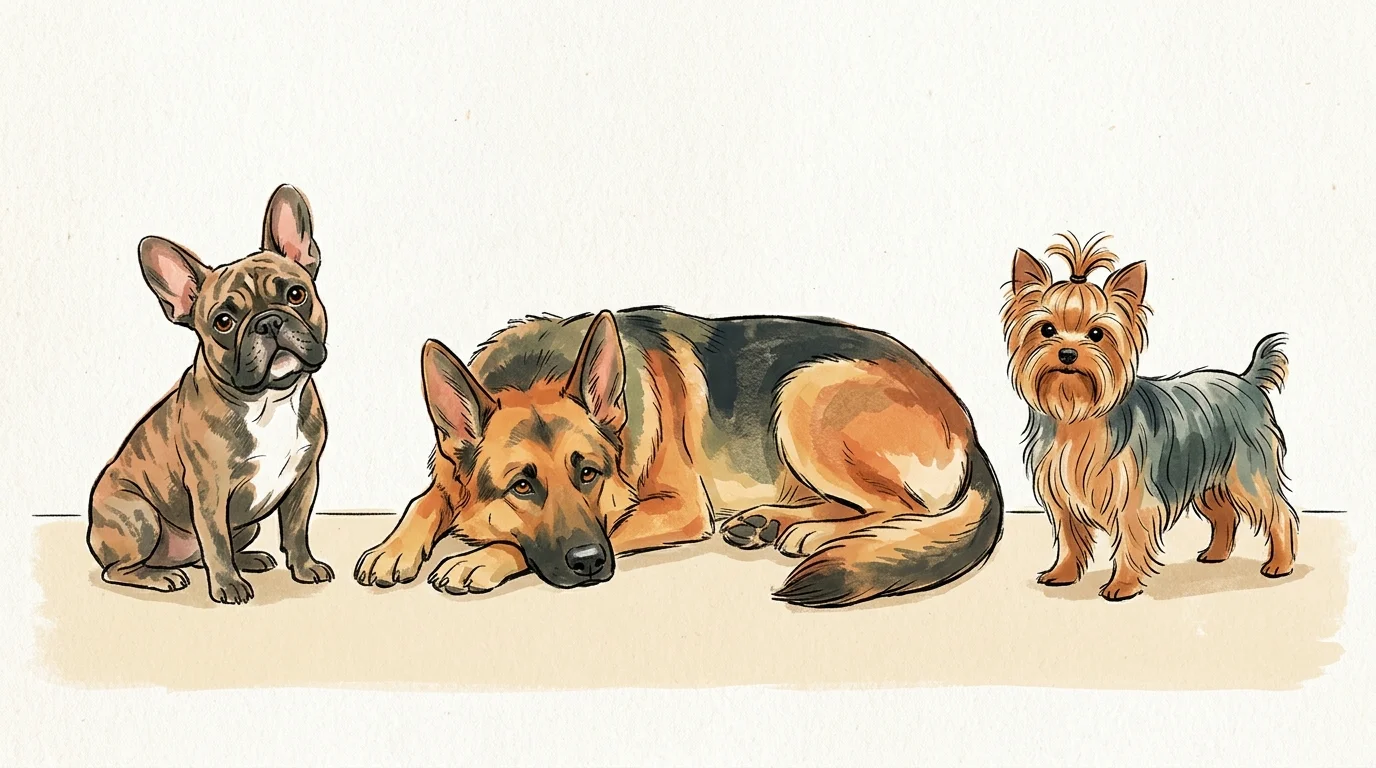 A warm gouache and ink illustration showing a French Bulldog, a German Shepherd, and a Yorkshire Terrier standing side by side.