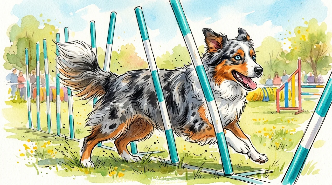 A warm gouache illustration of a blue merle Australian Shepherd weaving through colorful agility poles on a sunny green field.