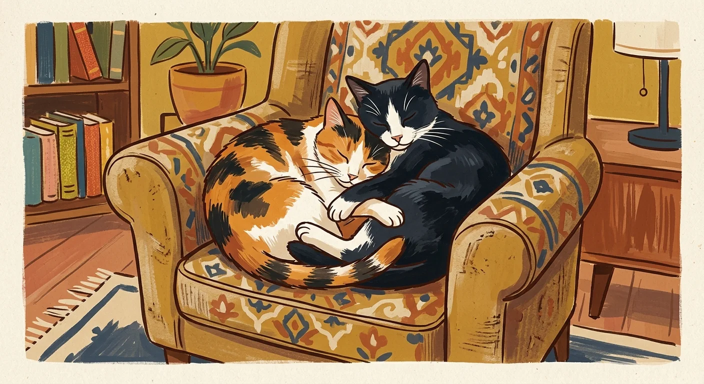 A warm gouache illustration of a calico cat and a tuxedo cat curled up tightly together on a vintage yellow armchair.