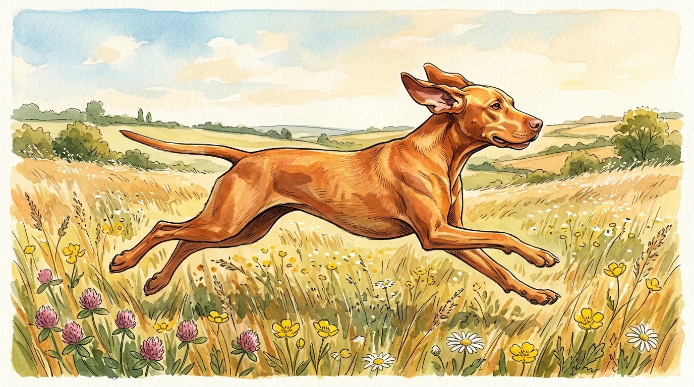 A warm gouache illustration of a golden-rust Vizsla leaping gracefully through a sunny meadow of wildflowers.