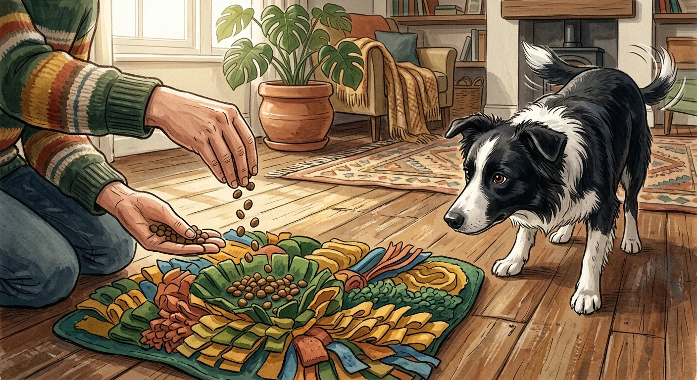 A warm gouache illustration of a person setting up a colorful snuffle mat for an eager dog on a sunny living room floor.