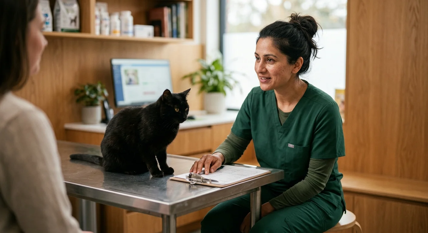 A warm photograph of a veterinarian in green scrubs listening to a client next to a calm cat on an examination table.