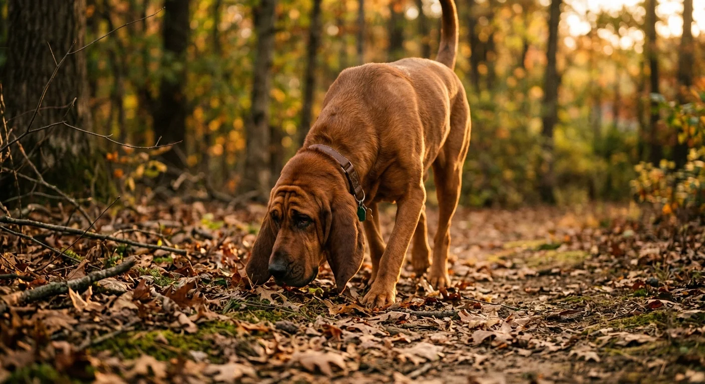 A warm, shallow-depth-of-field photo of a Bloodhound tracking a scent on a leafy forest floor at sunset.