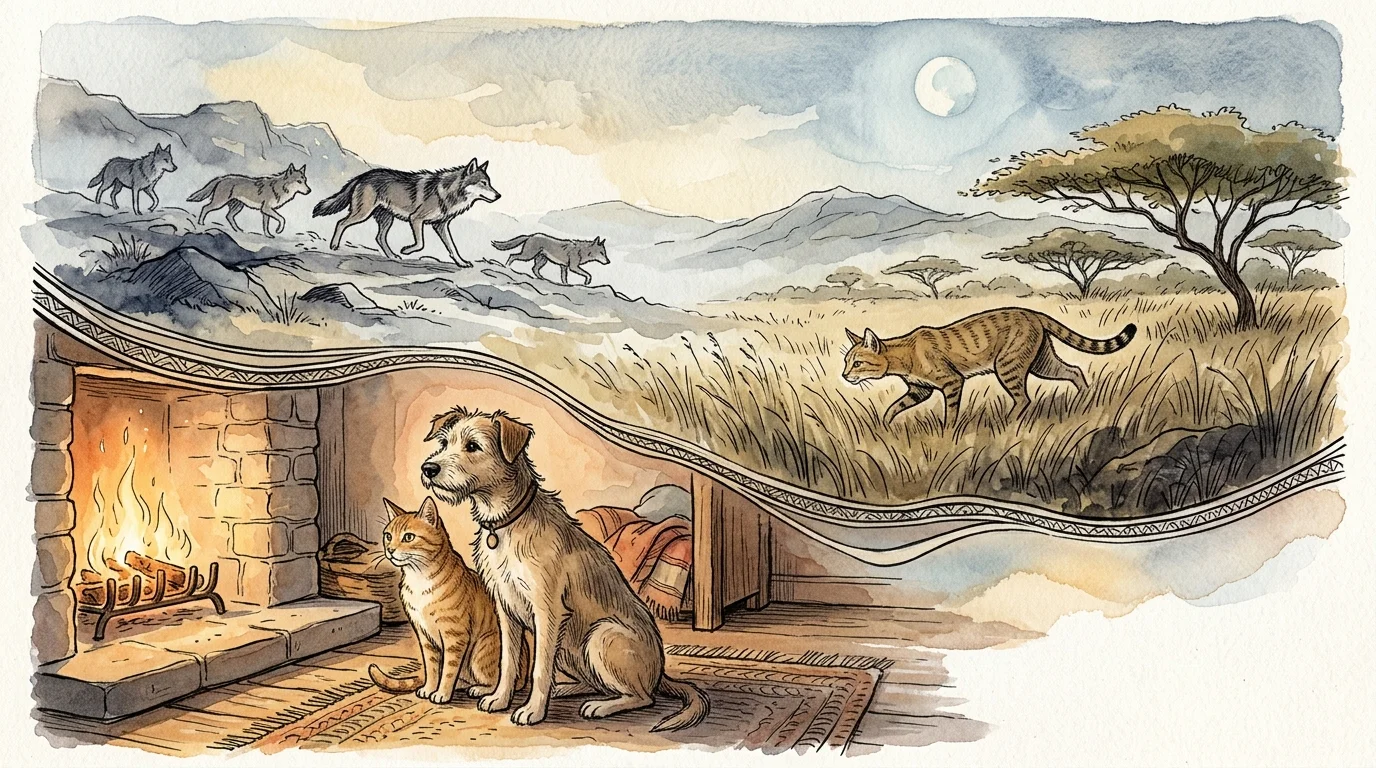 A warm watercolor showing a domestic dog and cat in the foreground, with their wild ancestors—wolves and a wildcat—in the misty background.