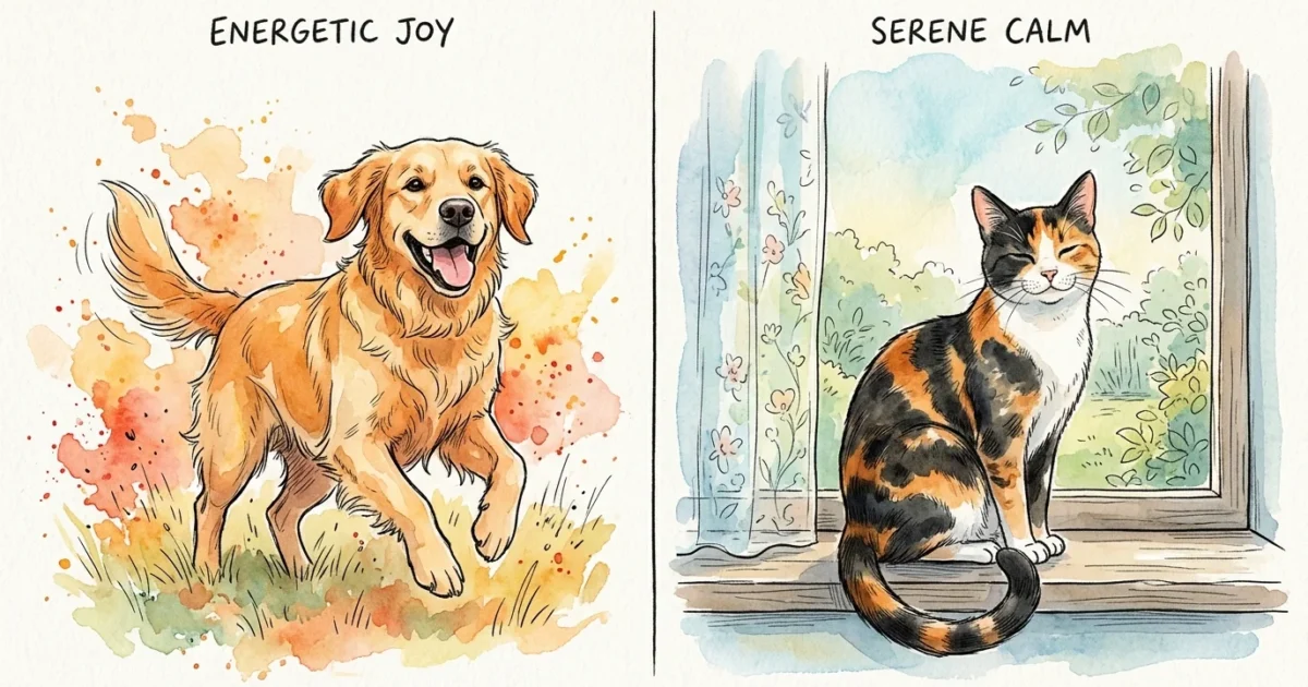 A warm watercolor split-panel illustration showing an energetic, happy golden retriever on the left, and a calm, slow-blinking calico cat on