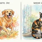 A warm watercolor split-panel illustration showing an energetic, happy golden retriever on the left, and a calm, slow-blinking calico cat on