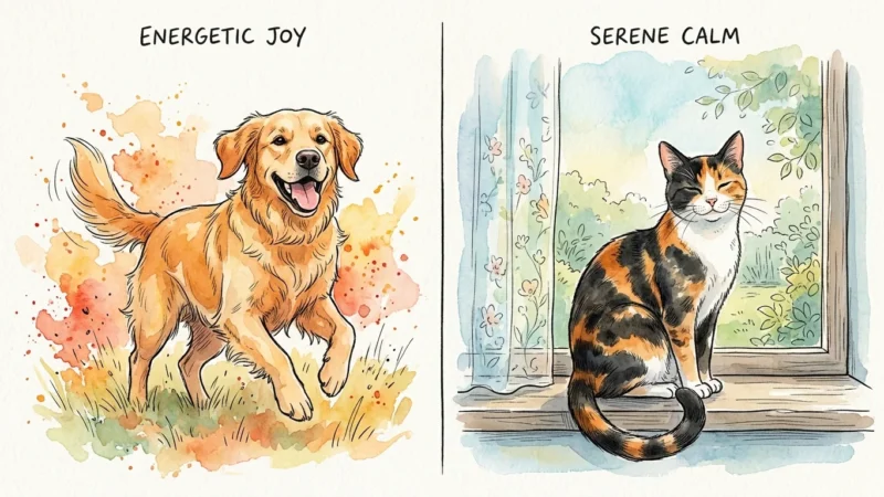 A warm watercolor split-panel illustration showing an energetic, happy golden retriever on the left, and a calm, slow-blinking calico cat on