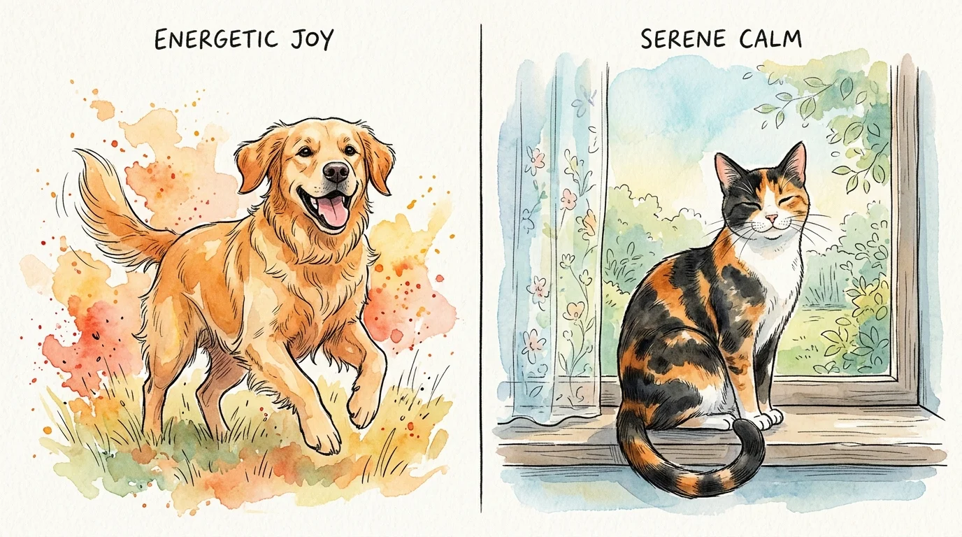 A warm watercolor split-panel illustration showing an energetic, happy golden retriever on the left, and a calm, slow-blinking calico cat on