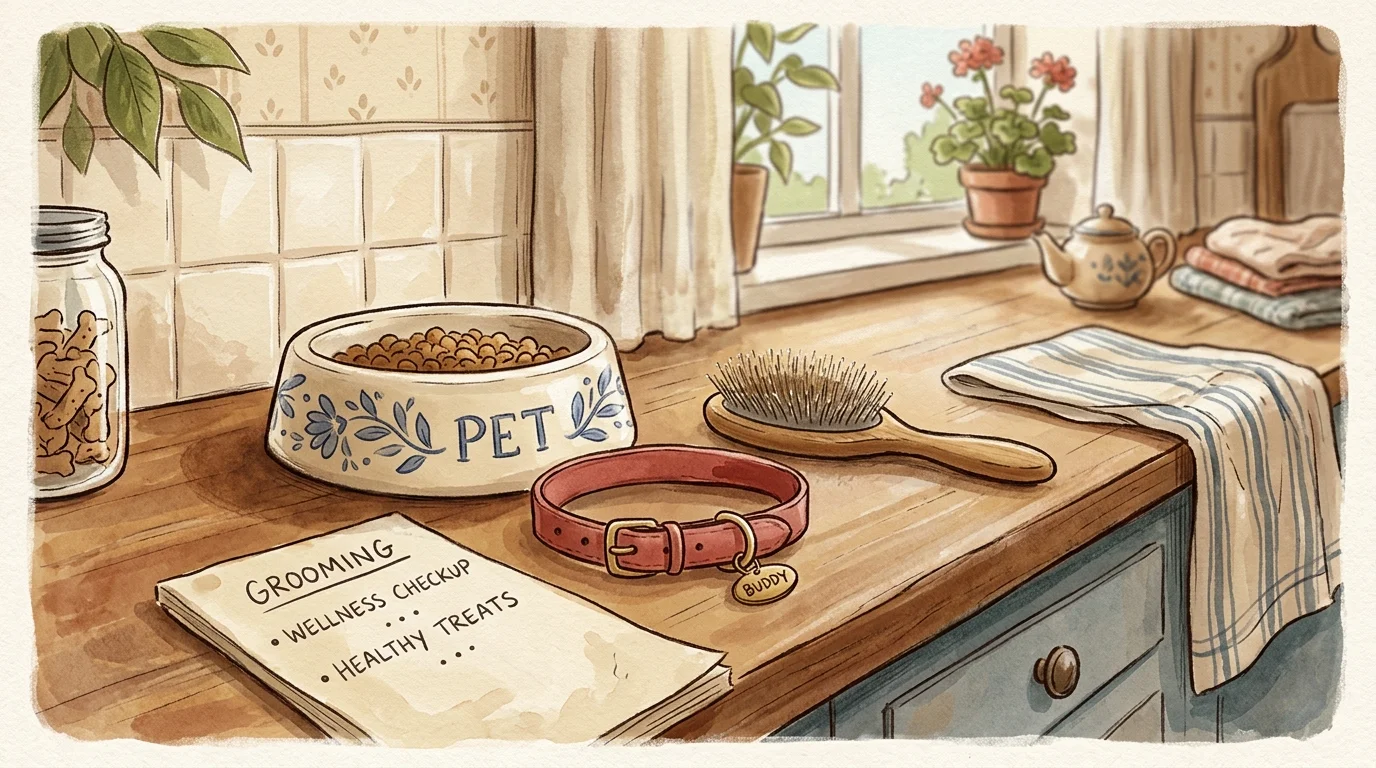 A warm watercolor still-life illustration of a dog bowl, collar, brush, and a handwritten checklist of care needs on a kitchen counter.