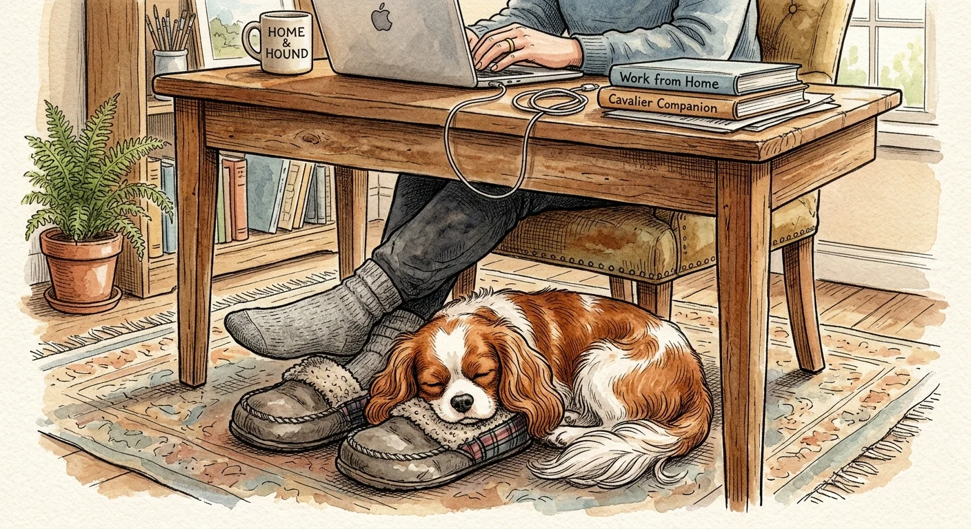 A watercolor illustration of a Cavalier King Charles Spaniel sleeping on slippers under a desk while its owner works.