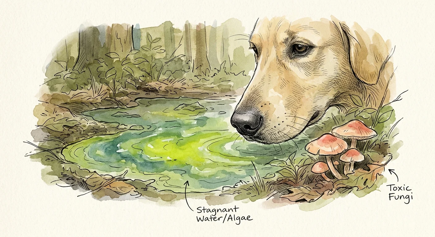 A watercolor illustration of a dog's snout sniffing near a murky puddle with green algae and wild mushrooms.