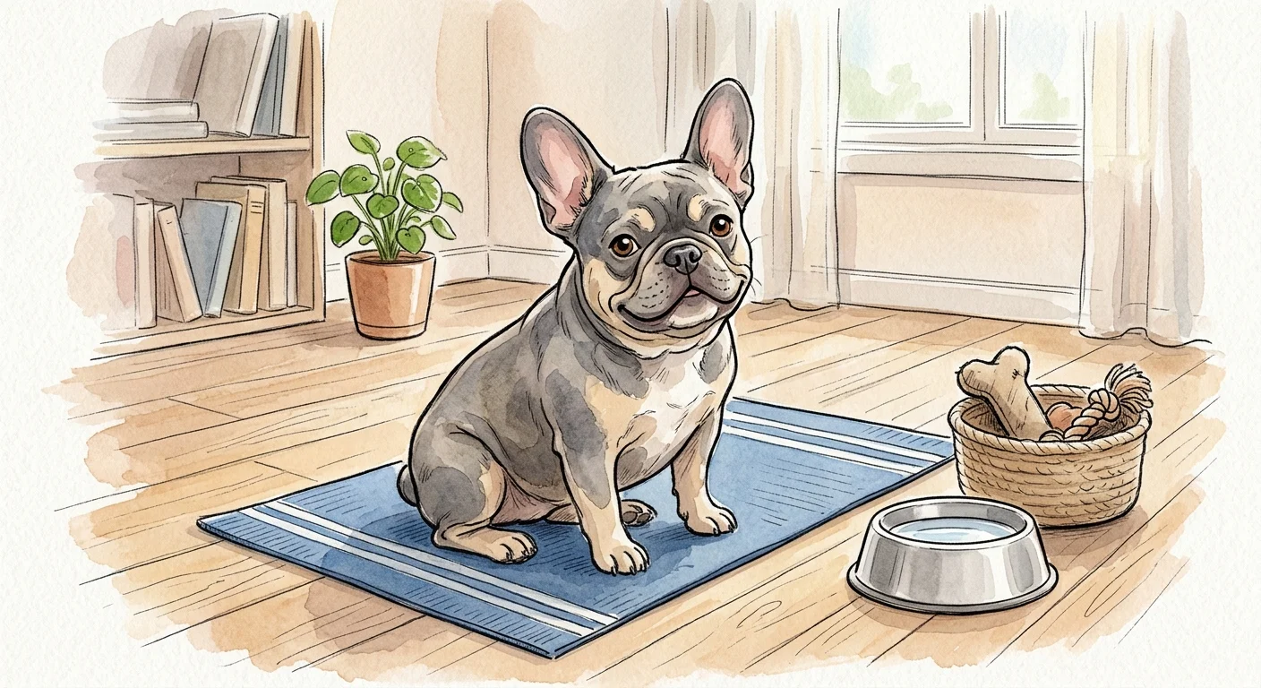 A watercolor illustration of a French Bulldog sitting calmly on a small blue mat in a minimalist apartment.