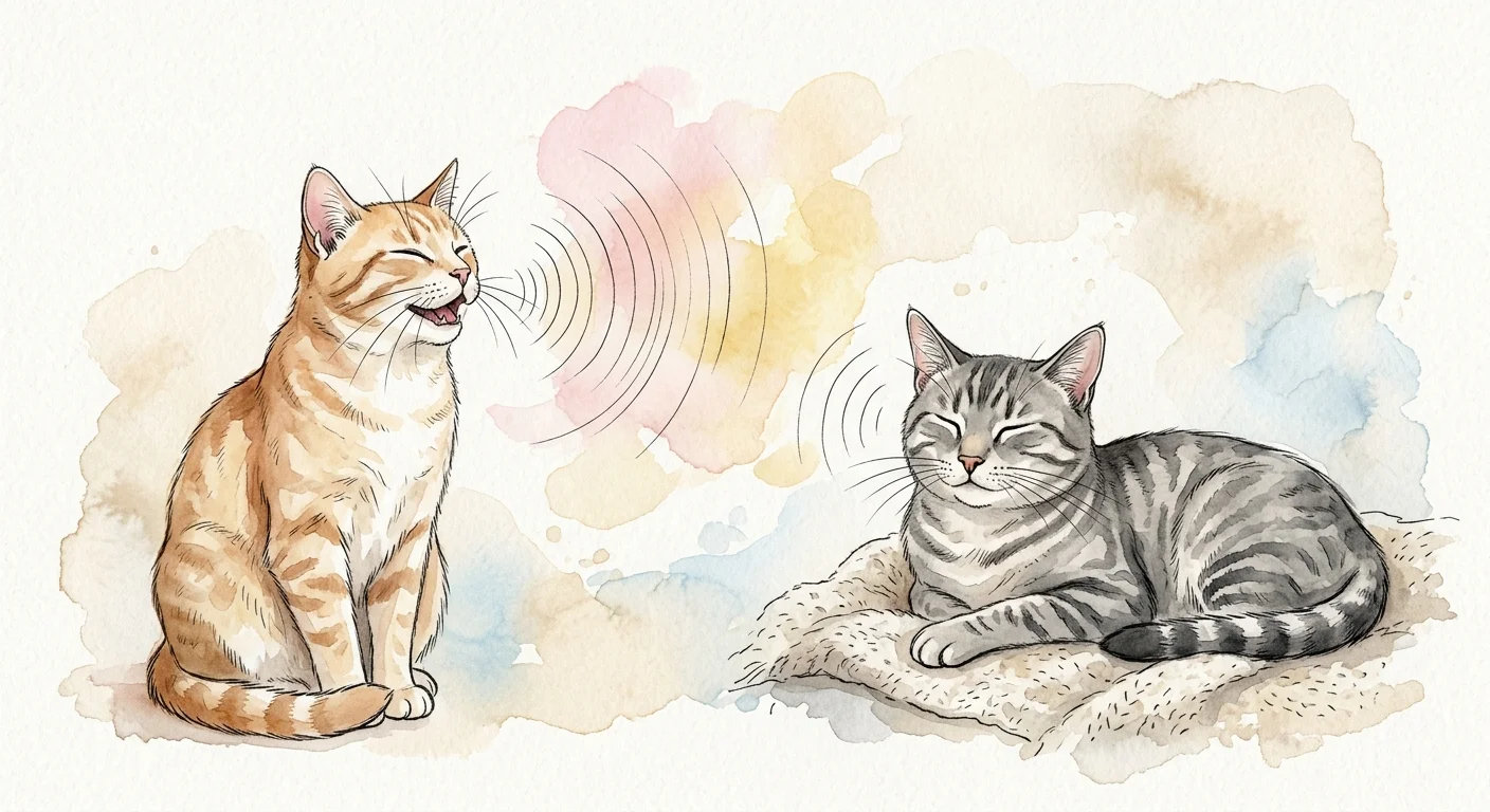 A watercolor illustration of a ginger cat emitting soft, colorful soundwaves of a trill towards a listening grey cat.