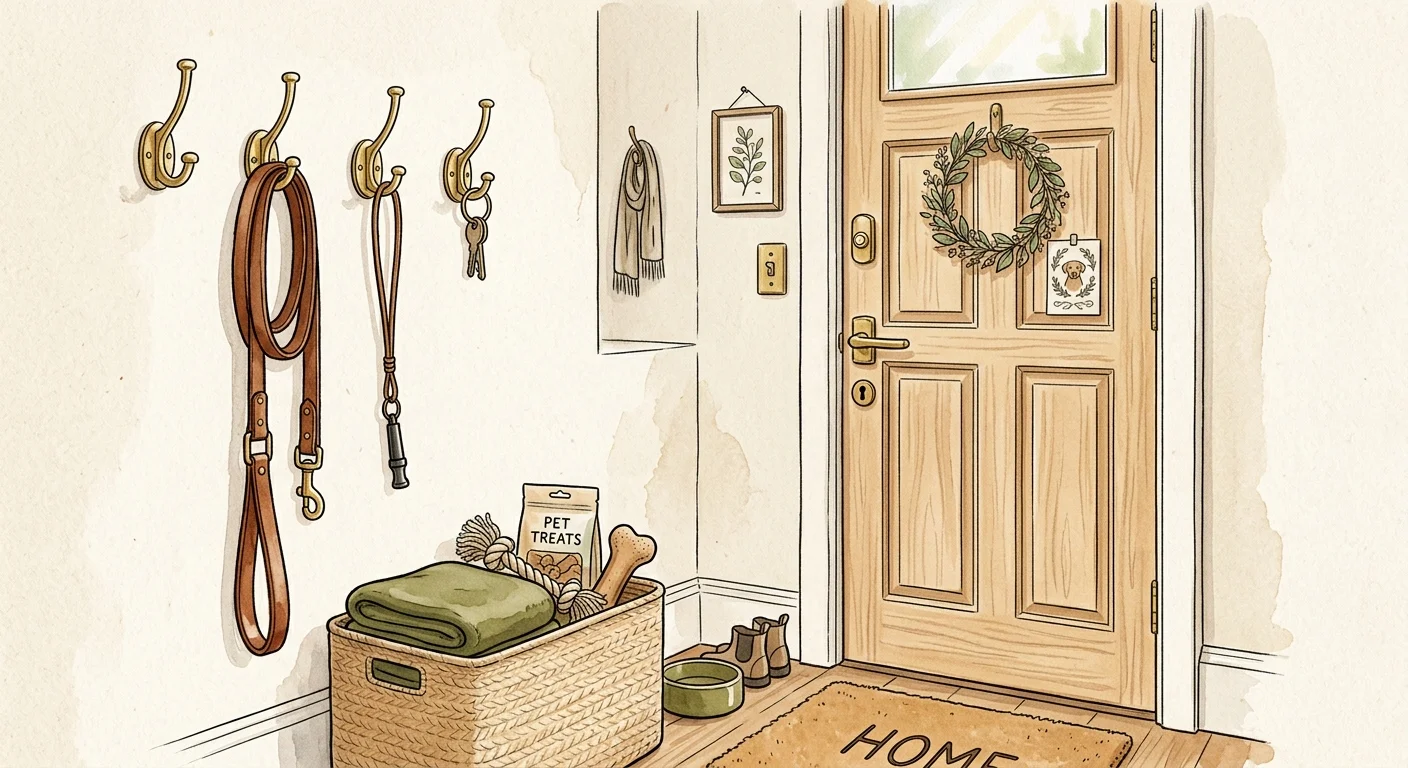 A watercolor illustration of a neat apartment entryway with a dog leash hanging on a hook above a toy basket.