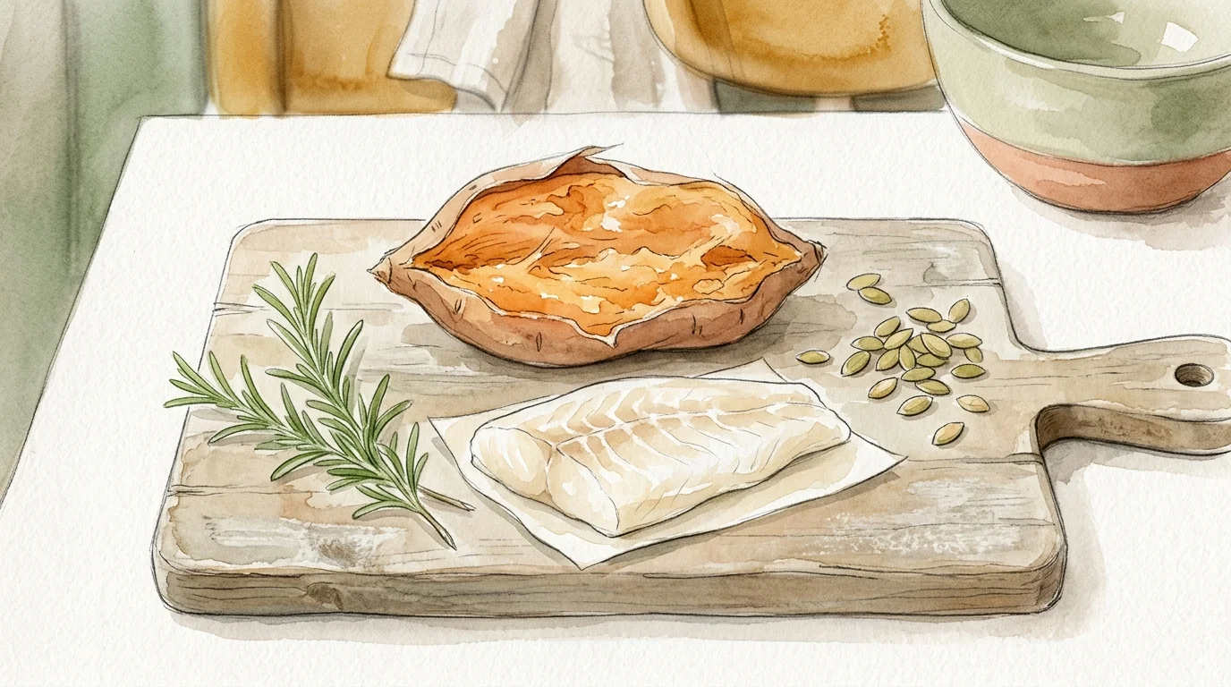 A watercolor illustration of healthy dog food ingredients including sweet potato, white fish, rosemary, and pumpkin seeds.