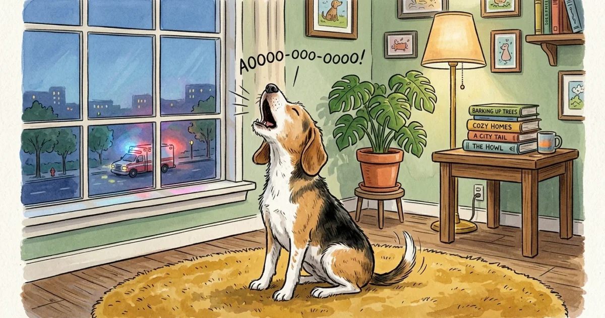 A whimsical gouache illustration of a beagle-mix dog howling happily on a cozy rug in a warm living room at twilight.