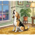 A whimsical gouache illustration of a beagle-mix dog howling happily on a cozy rug in a warm living room at twilight.