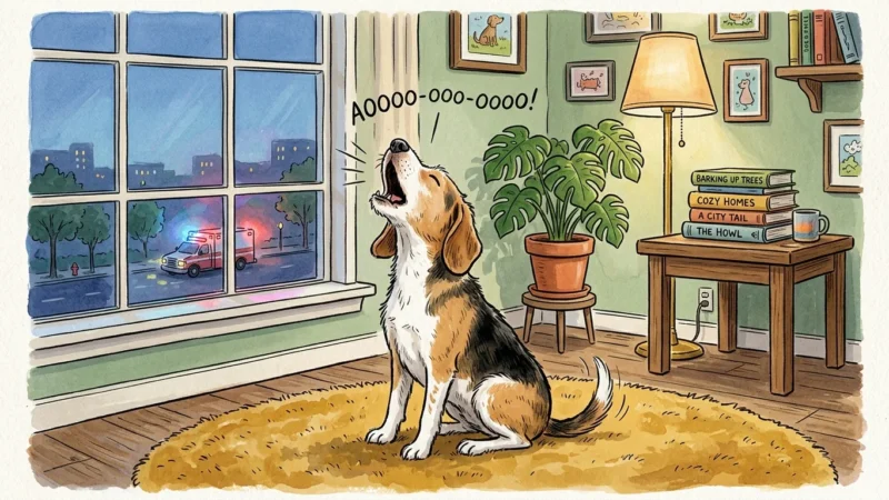 A whimsical gouache illustration of a beagle-mix dog howling happily on a cozy rug in a warm living room at twilight.